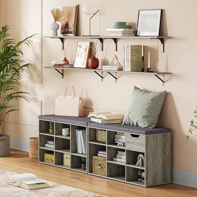 DINZI LVJ Shoe Bench, 9 Cubbies Shoe Organizer for Entryway, Storage Bench with Cushion, Cubby Shoe Rack with Adjustable Shelves for Living Room, Bedroom, Mudroom, Hallway, Gray Wash-NeatNest