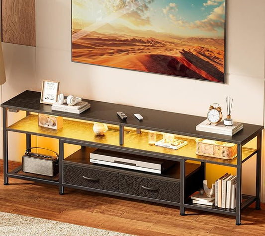 Huuger TV Stand for 65 70 Inch TV, Entertainment Center with Power Outlets and LED Lights, TV Console for Living Room, Media Console with Drawers and Shelves, Black-NeatNest
