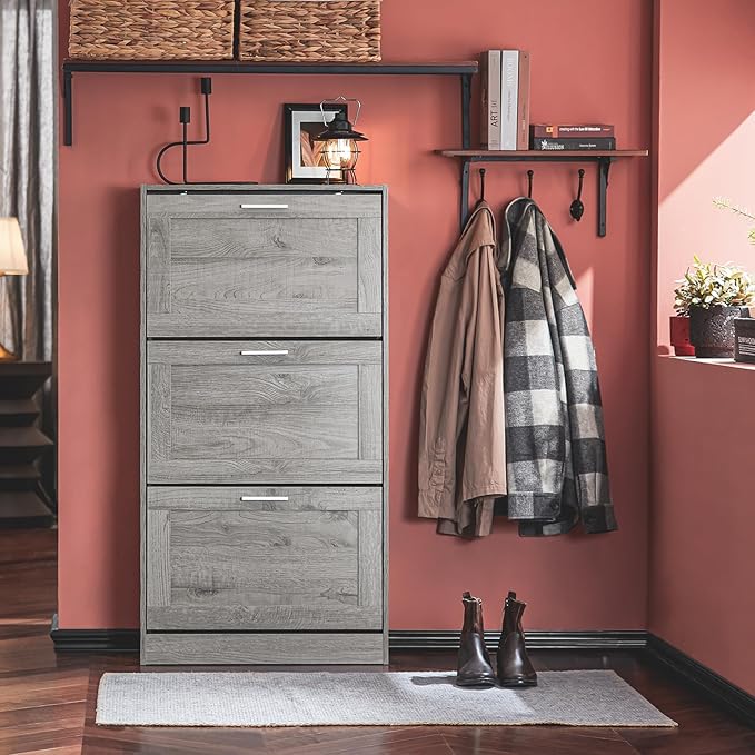 Haotian Shoe Storage Cabinet Entryway, Freestanding Shoe Cabinet with 3 Flip-Drawers Fully Enclosed Tall Shoe Rack Shoe Organizer, Grey, FSR137-L-HG-NeatNest