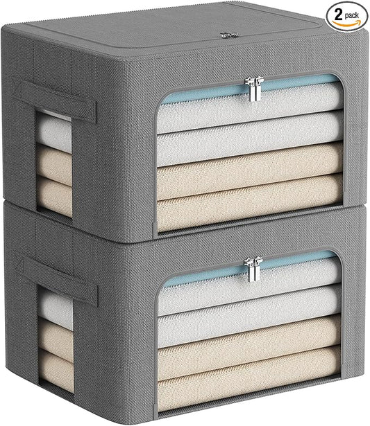 2 Pack Clear Window Storage Bins Foldable Fabric Storage Bins Boxes for Clothes Stackable Box Organizer Set with Carrying Handles (Gray,22L, 15.7x 11.8x 7.8 Inch)-NeatNest