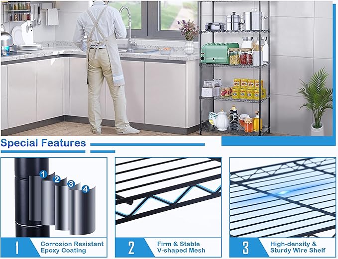 5-Tier Metal Wire Shelving Unit Snack Shelf Height Adjustable Storage Rack NSF Certified Storage Shelves 1250 Lbs Capacity Standing Utility Shelf for Laundry Kitchen Pantry Garage Organization