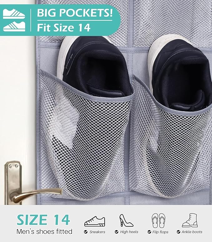 MISSLO Narrow Over The Door Shoe Organizer Door Hanger 12 Large Mesh Pockets Hanging Shoe Rack for Closet Door Cruise Ship Essential, Grey, 2 Pack-NeatNest