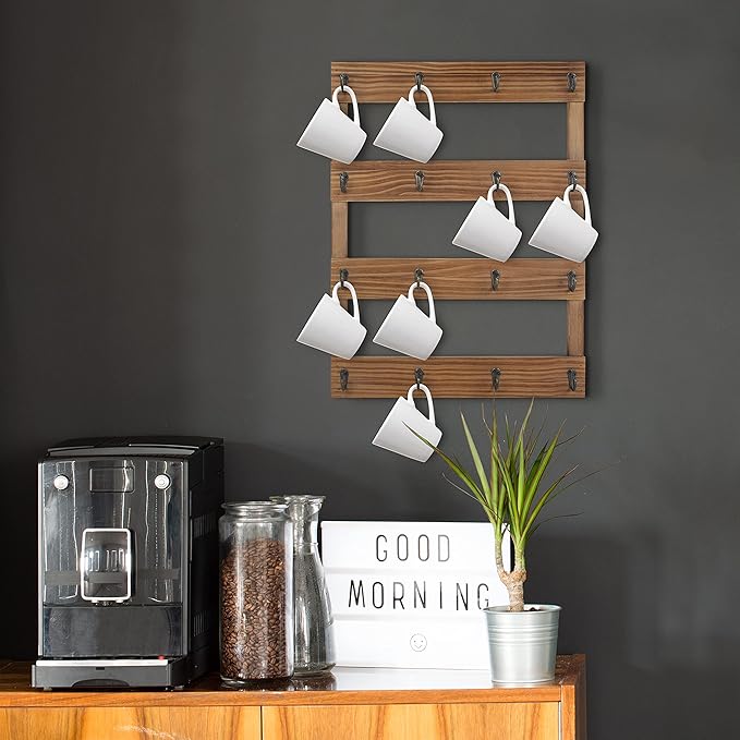 16 Hooks Rustic Pine Wood Coffee Mug Holder 24 x 18 inches Wall Mounted Cup Display Organizer for Home, Kitchen Storage Brown-NeatNest