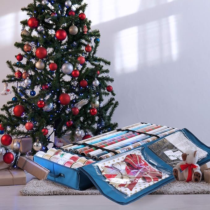 Hearth & Harbor Wrapping Paper Storage Container - Christmas Storage Bag with Interior Pockets - Gift Wrap Organizer Fits Up to 22 Rolls of 40" - Tear Proof, Blue-NeatNest