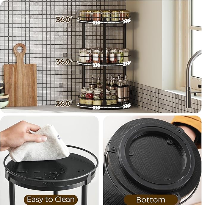 3-Tier Lazy Susan Organizer, Rotating Spice Rack, Spinning Organizer, Industrial Turntable Spice Rack Organizer for Cabinet, Kitchen Countertop, Pantry, Black SR23BK-NeatNest
