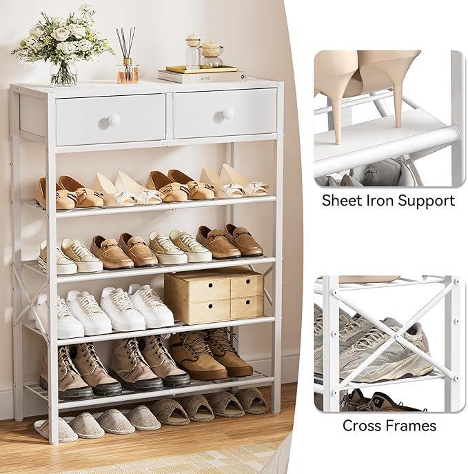 Shoe Rack for Entryway, 5 Tier Shoe Organizer with 2 Non-Woven Drawers, Metal Storage Shoe Shelf for 16-20 Pairs of Shoes, with Wooden Top and Steel Frame, Shoe Stand for Closet Greige-NeatNest