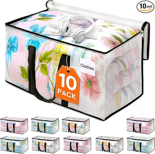 HomeHacks Clear Moving Bags Heavy Duty 10 Pack, Storage Bags with Zipper, Extra Thick Handles & Waterproof Packing Boxes for Moving, Camping, Home Organization 125L/33Gal (28.7"x16.5"x16.1")-NeatNest