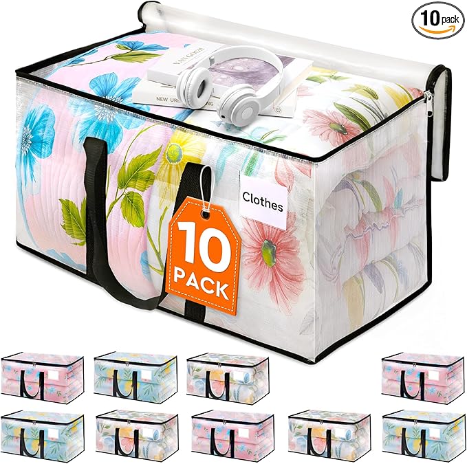 HomeHacks Clear Moving Bags Heavy Duty 10 Pack, Storage Bags with Zipper, Extra Thick Handles & Waterproof Packing Boxes for Moving, Camping, Home Organization 93L/24Gal (28.7"x14.2"x14")-NeatNest