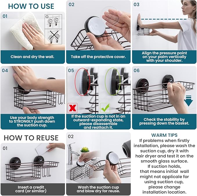 TAILI Shower Caddy Suction Cup with Hooks & Soap holder, Heavy Duty Bathroom Shower Organizer, No Drilling Shelves for Inside bathroom, Metal Black Storage Basket-Brown