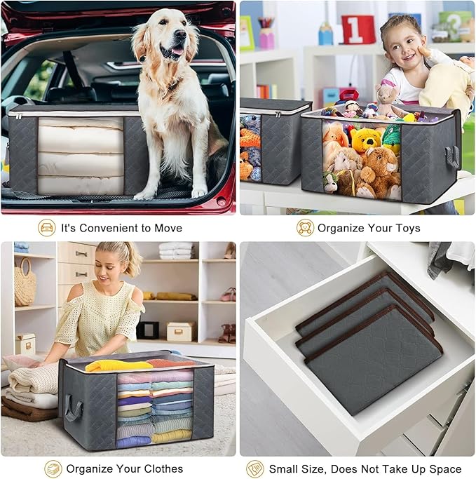 Budding Joy Clothes Storage, Foldable Large Blanket Storage Bags with Zippers, Storage and Organization for Clothing, Comforter, Bedding, Toys, Closet Organizers with Enhanced Handle, 60L 6 Pack Gray-NeatNest