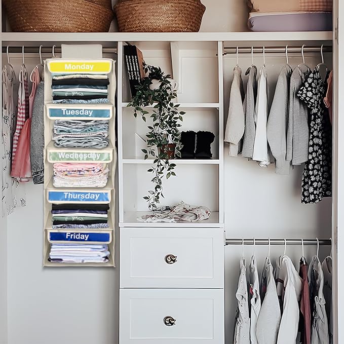 Weekly Clothes Organizer for Kids-Day of The Week Clothes Organizer for Kids-Kids Daily Clothes Organizer-Monday Friday Clothes Organizer-Kids Closet Organizer (Warm white)-NeatNest