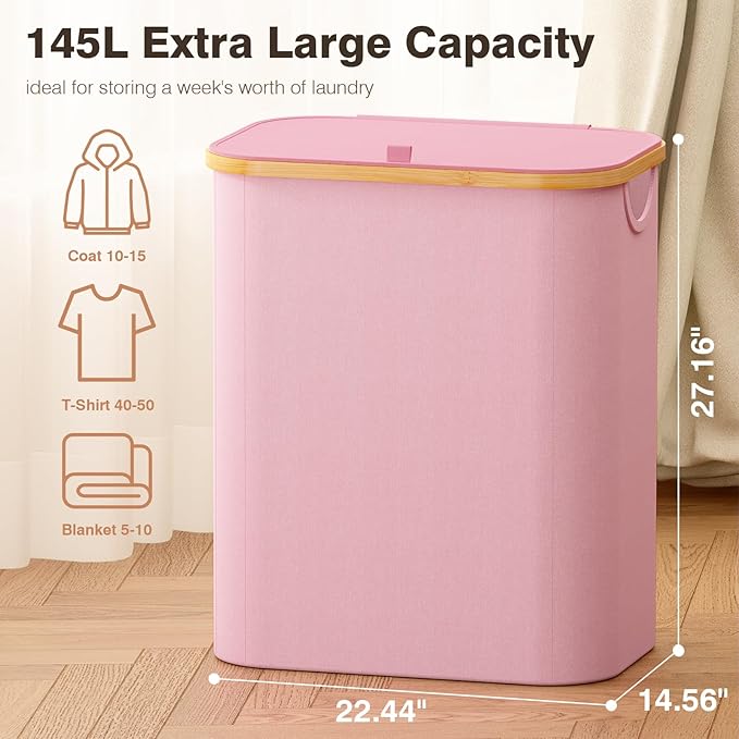 Hampers for Laundry Basket with Lid, 145L Extra Large 3 Section Clothes Divided Organizer for Bedroom, Laundry Room, Dirty Clothing Hamper, Pink-NeatNest