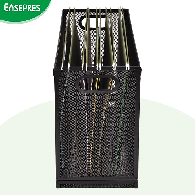 EASEPRES Desk Hanging File Organizer with 10 Folders, Mesh Metal Letter-Size Desktop File Holder Box for Filing Folder Storage Basket, 2 Pack Black, 12.2 x 9.45 x 5.45 inches