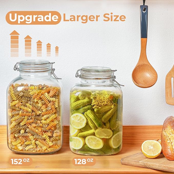 ComSaf Rice Container 152oz, Flour Sugar Storage Containers, Glass Jars with Airtight Lid, 1.17 Gallon Mason Jar, Large Storage Containers with Lids for Pickled Egg, Pasta, Cereal, Beans, Set of 2-NeatNest