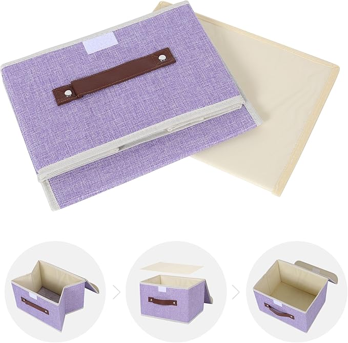 ANMINY 2PCS Storage Bins with Lid PU Leather Handles Storage Boxes PP Plastic Board Decorative Foldable Lidded Cotton Linen Fabric Home Cubes Baskets Closet Organizer Containers - Purple, Small Size-NeatNest