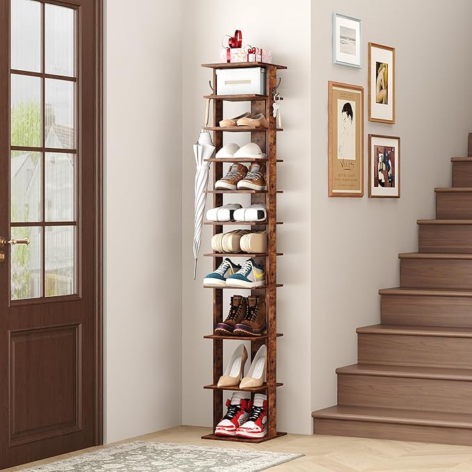 HOMEFORT 10-Tier Vertical Shoe Rack, Corner Shoe Tower, Slim Shoe Organizer with Two Hanging Hooks, Wooden Shoe Storage Stand for Entryway, Hallway, Closet, Rustic Brown-NeatNest