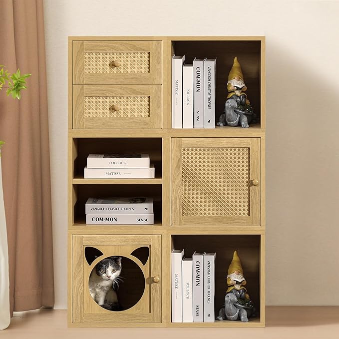 Magic DIY Cube Storage Organizer Stackable Cubes for Home Books Clothes Toy -Modular Cubby Storage System -Closet Organizer -Bookcase Closet(Yellow Oak,Cat Door Cube)-NeatNest