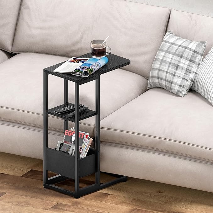 C Shaped End Table, Small Side Table for Couch, Recliner, Slide Under Sofa Tray Desk Snack Tables with Storage Bag for Living Room,Bedroom, Small Spaces - Black