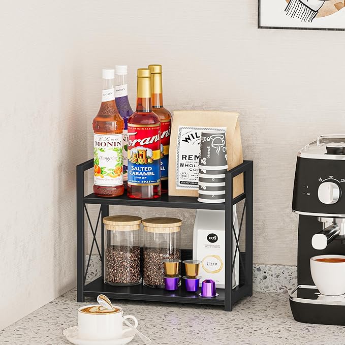 Giikin Kitchen Counter Shelf, 2 Tier Kitchen Spice Rack Organizer for Countertop, Wood Coffee Bar Organizer for Home (Black, S)-NeatNest