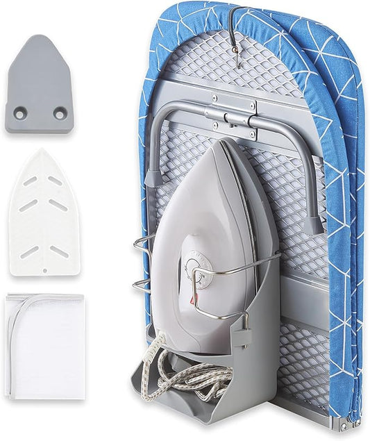 Foldable Ironing Board, 13"x35" Folding Tabletop Small Ironing Board with Iron Holder and Wall Mount Space-Saving, Blue