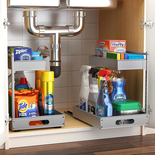 Sorbus Under Sink Organizer with Sliding Tracks – Pull Out Cabinet Organizer with Drawer & Installation Rails – Under Cabinet Bathroom Storage Organizer for Kitchen, Pantry, or Vanity –Silver 2 Pack-NeatNest