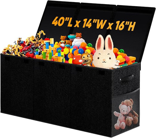 Extra Large Toy Storage Box with Lid Divider, Sturdy Collapsible Toys Organizer Chest Kids Storage Bins Boxes Baskets for Boys, Girls, Nursery, Bedroom, Living Room, Playroom, 40"x14"x16", Black
