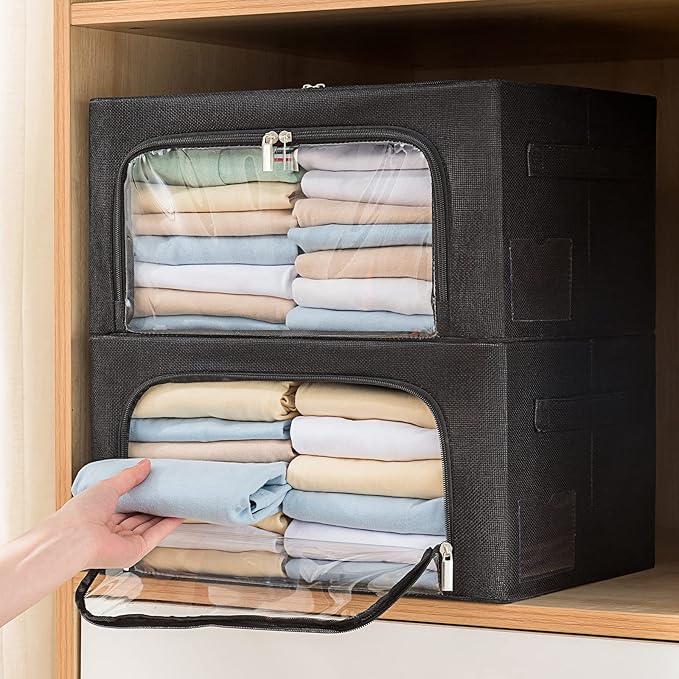 Clothes Storage Bins Box - Linen Fabric Foldable Stackable Container Organizer Set with Clear Window & Carry Handles & Metal Frame (Black, Large-66L)-NeatNest