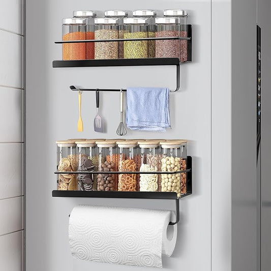 2 PCS Magnetic Spice Rack Organizer with Paper Towel Holder for Refrigerator and Oven, Black Fridge Organizers and Storage Can Hold spices, Pepper, Small Things, Paper Towel
