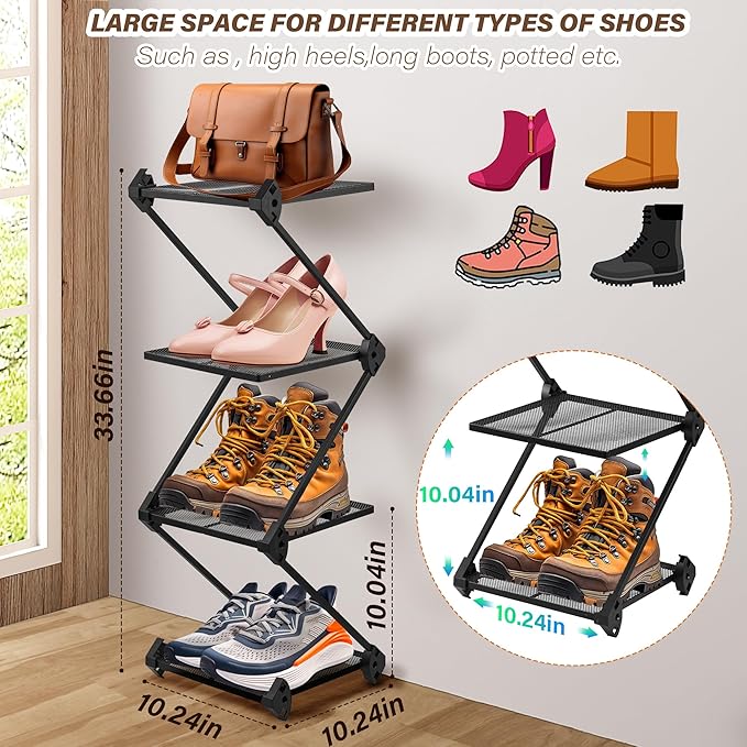 Vertical Shoe Rack 4 Tier Small Shoe Rack Shelf for Entryway Tall Narrow Shoe Organizer Metal Shoe Storage for Closet,Front Door Entrance, Living Room, Black-NeatNest