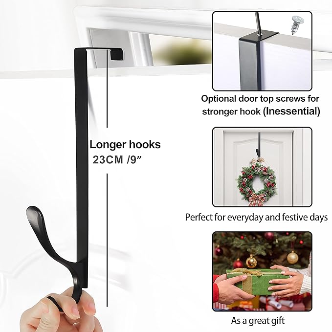 SKOLOO Over The Door Hooks - for Doors up to 4.5cm Thick, Pack of 5, Stainless Steel Door Hanger Hooks, Over The Door Hanger for Coats Clothes Hat Towel Jacket, Black