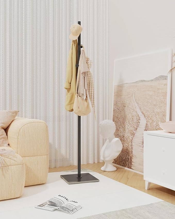 Coat Rack Freestanding, Small Standing Coat Tree with Heavy Rock Slab Base, Modern Metal Coat Hanger Stand with 8 Hooks, Garment Rack, 11.8 x 11.8 x 68.9 In, Black, GYJ002B-NeatNest