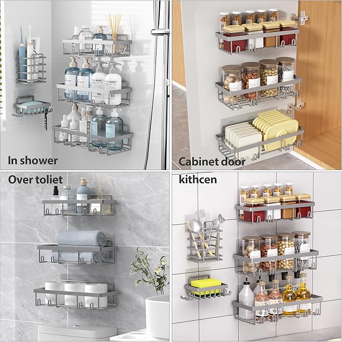 10 Pack Shower Caddy Organizer Rack Shelf for Inside Shower, Self Adhesive Wall Storage Basket Rustproof Stainless Steel Shampoo Holder Bathroom Accessory Decor Set, Grey-NeatNest