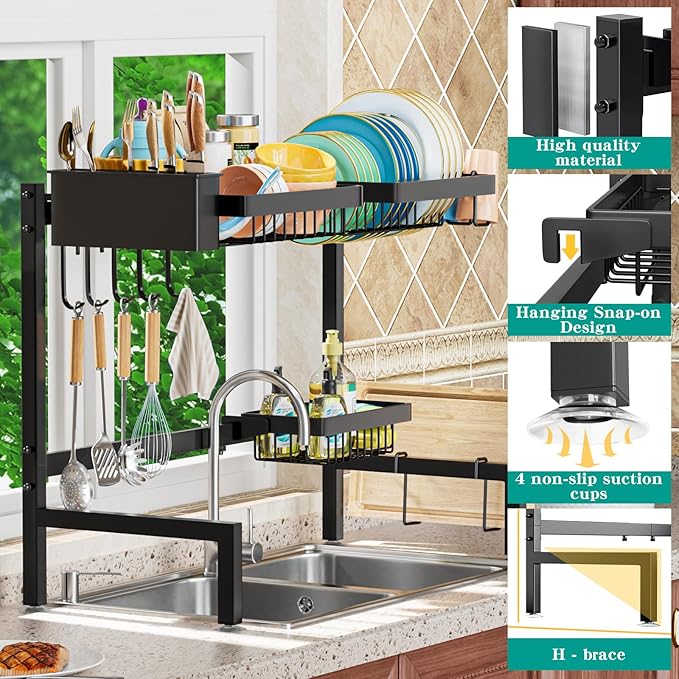 YKLSLH Over The Sink Dish Drying Rack 2 Tiers, for All Sinks (24.8"-35.4"),Expandable Large Capacity Sink Rack, Metal Drying Rack for Kitchen and Family Use
