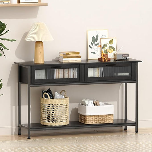 Aetheris 47" Console Table with 2 Drawers, 2 Tier Sofa Table with Storage,Entryway Table, Industrial Console Table for Entryway, Sofa Table Behind Couch for Living Room, Black-NeatNest