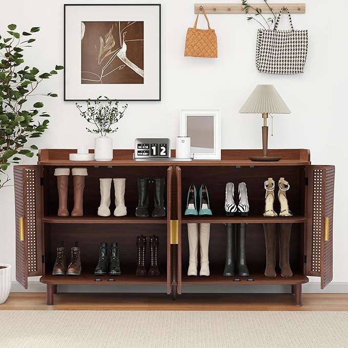 4 Doors Storage Cabinet, 2 Tier Wooden Storage Organizer Cabinet with Adjustable Shelf, Sideboard Buffet Cabinets with Iron Curved Doors Accent Shoe Rack for Entryway Hallway Living Room (Walnut)-NeatNest