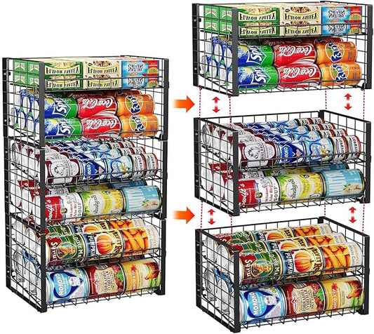 JKsmart 2-Tier Stackable Rack Organizer for Pantry, Adjustable Dispenser Holds Up to 90 Cans, Storage Holder for Various Ounces of Canned Drinks, Black, 3 Pack-NeatNest
