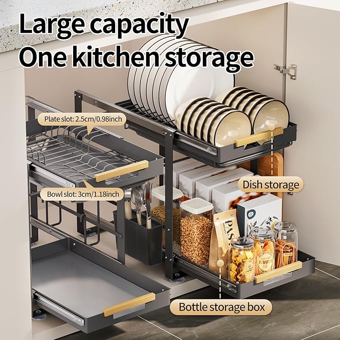 Under Sink Organizer,2 Tier Pull-Out Dish Rack Organizer for Cabinet,Slide out Storage Shelf with Utensil Holder for Cupboard,Under Cabinet Dish Drying Rack for Home, Kitchen, Pantry, Countertop-NeatNest
