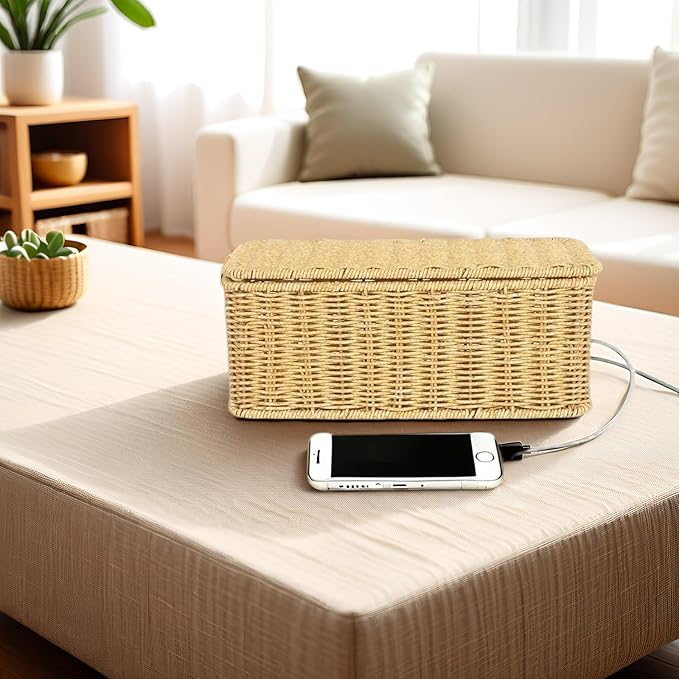 Cable Management Box Organizer,Handmade Rattan Cable Organizer with Lid,2 Side Open Slots Cord Organizer Hider Box to Hide Power Strip & Under Desk for Desk, Floor,12.4" x 5.11" x 5.11"