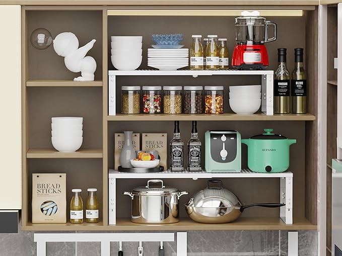 Adjustable Expanable Stackable Spice Rack Shelf Pantry Storage Organizer for Kitchen Cabinet,Countertop,Bathroom and More.Space is no Longer Limited(1Pack/White/Large)-NeatNest