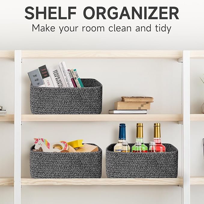 3-Pack Shelf Baskets for Organizing, Closet Organizer Bins, Small Woven Baskets, Rope Toy Basket, Storage Basket for Shelves, Cube Decorative Box, 11.5×7.5×4.7”, Mixed Black-NeatNest