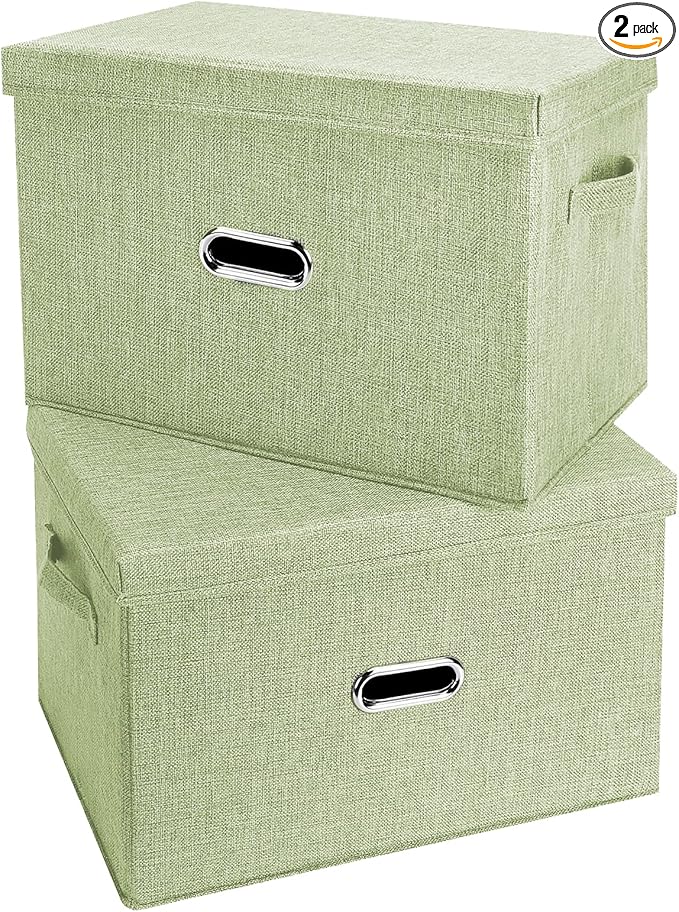 Large Linen Fabric Foldable Storage Bins with Removable Lid and Handles, Washable Storage Box Organizer Containers Baskets Cube with Cover for Bedroom,Office(Green, XXL(2-Pack))-NeatNest