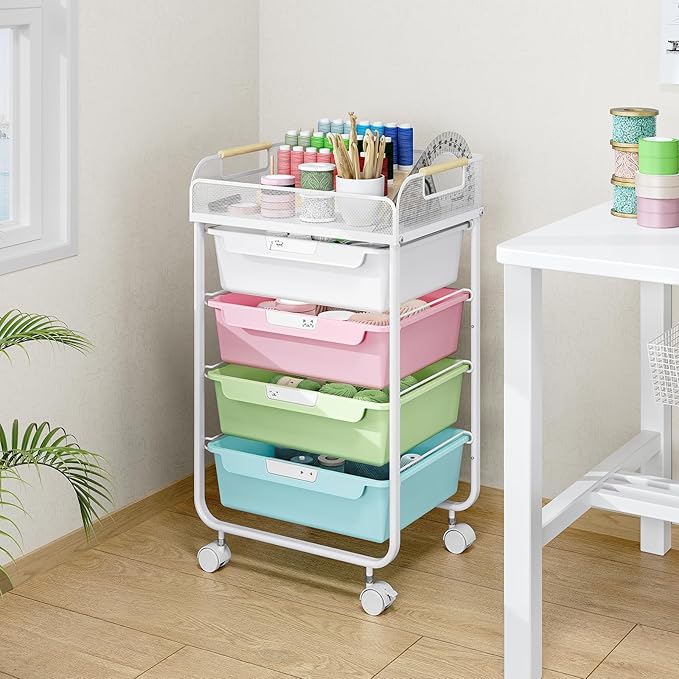 Rolling Cart with 4 Drawers,4 Tiers Rolling Utility Cart Craft Cart,Rolling Storage Drawer Cart with Mesh Top,Storage Cart with Drawers & 4 PCS DIY Lable, Classic Colorful