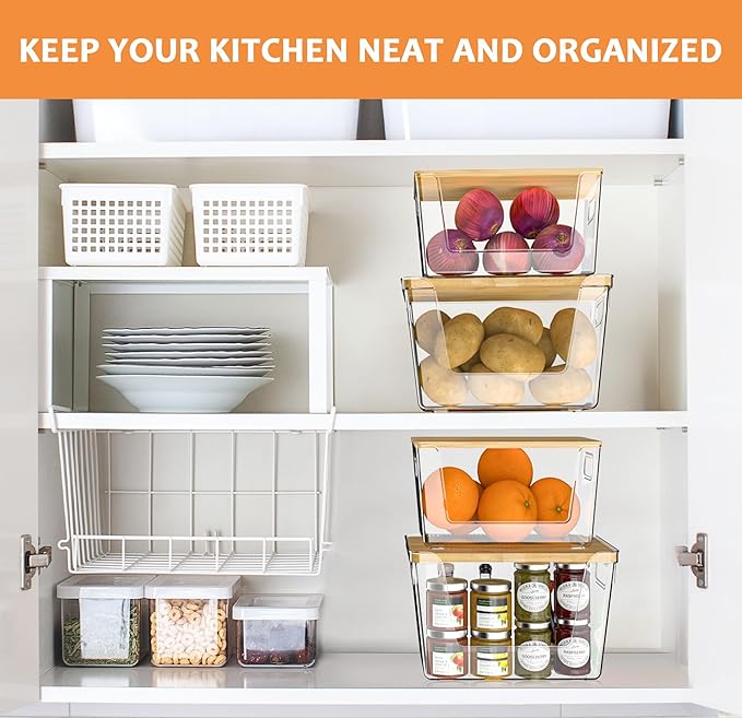 4 Pack Potato Storage with Lids – Front Open Kitchen Pantry Organizer and Storage, Stackable Storage Bins for Onion, Garlic, Fruit, Produce, Vegetable