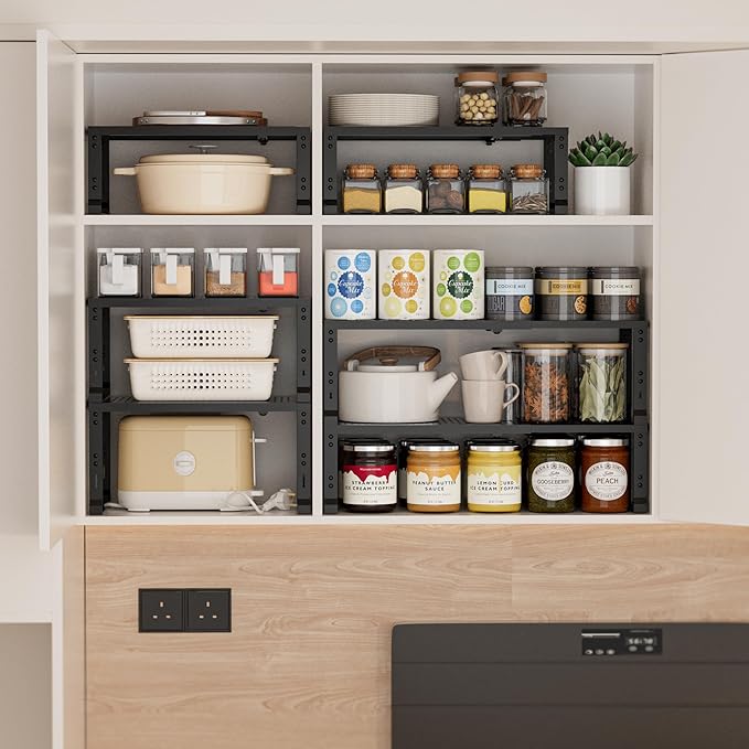 Heavy-Duty Adjustable Metal Shelf Organizer - Expandable & Stackable Pantry Storage Rack for Kitchen, Bathroom, RV, Cabinets(3 Packs/Black, Medium)-NeatNest