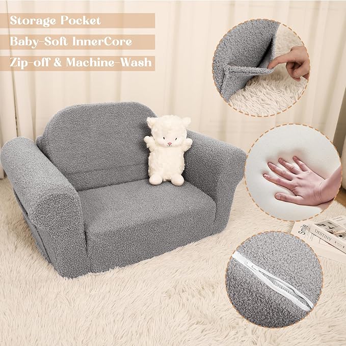 Chairs for Toddler, 2-in-1 Toddler Soft Teddy Couch Fold Out, Convertible Chair to Lounger for Girls and Boys|Safety Certified | Gift for Children (Sky Gray)-NeatNest