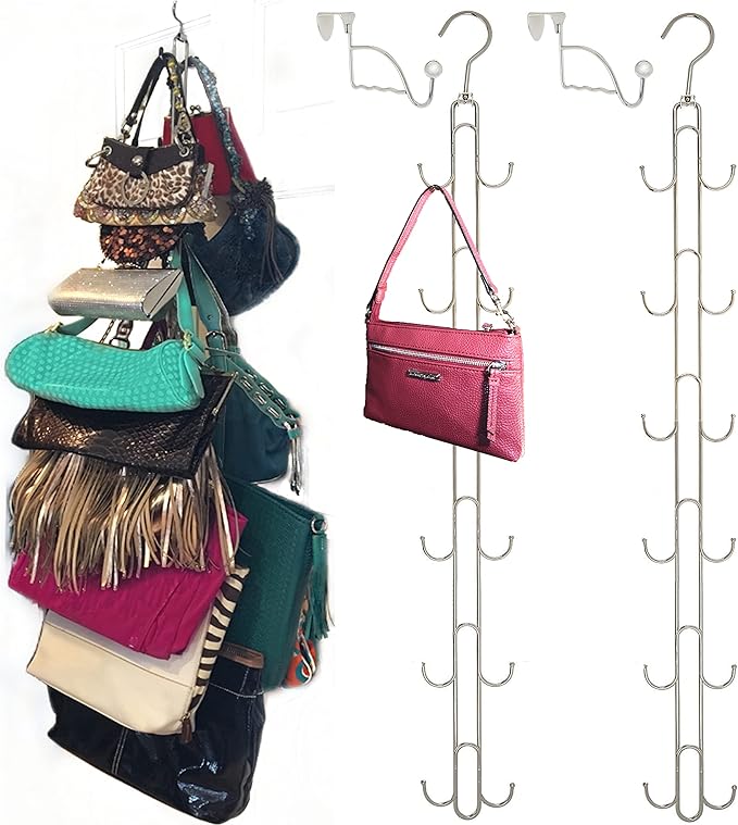 Boottique 2-Pk Over Door Hanging Purse Storage - Durable, Holds 50 POUNDS, ROTATES 360 for Easy Access; Purses, Handbags, Satchels, Crossovers, Backpacks,12 Hooks, Chrome (Set of 2)…-NeatNest