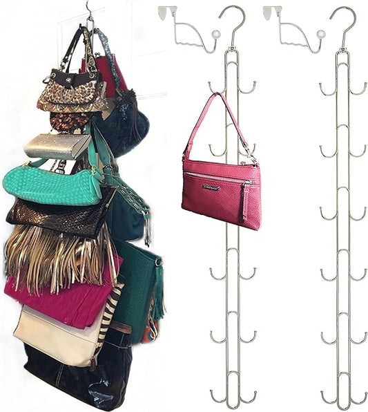 Boottique 2-Pk Over Door Hanging Purse Storage - Durable, Holds 50 POUNDS, ROTATES 360 for Easy Access; Purses, Handbags, Satchels, Crossovers, Backpacks,12 Hooks, Chrome (Set of 2)…-NeatNest