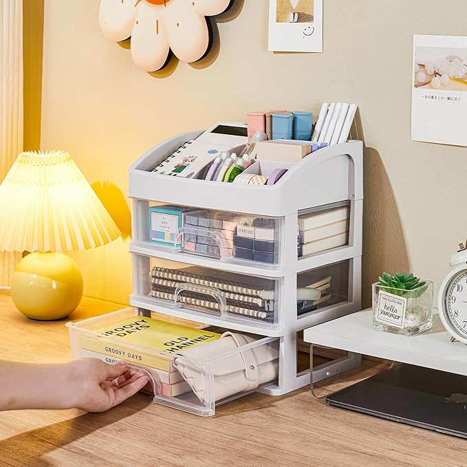Desk Organizer with Drawers, 3 Drawers Storage Organizer, Desktop Storage Drawers for Office/School Supplies, Plastic Stationary Makeup Organizer, Desk Storage Box for Office, School, Home-NeatNest