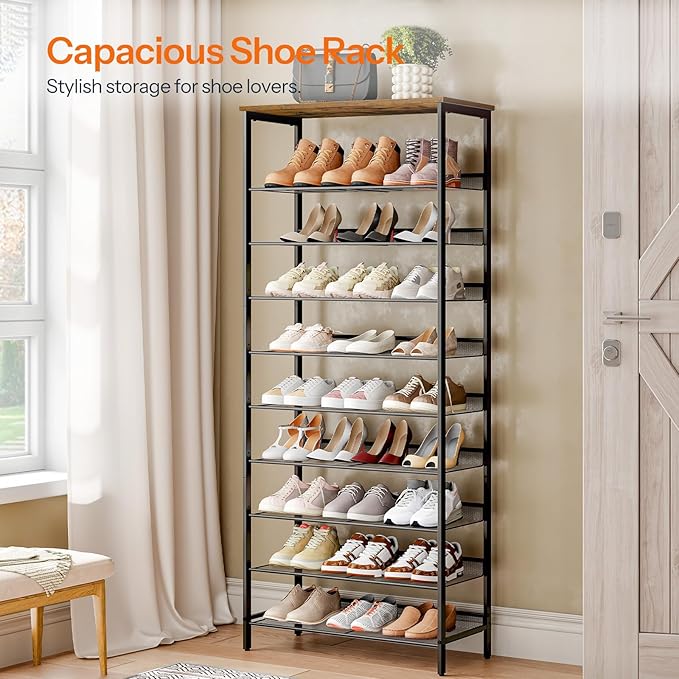 HOOBRO 10-Tier Shoe Rack, 29.5"L Shoe Shelf, Large Capacity Shoe Storage Organizer for 27+ Pairs of Shoes, Front Door Entrance, Entryway, Hallway, Closet, Space Saver, Rustic Brown and Black BF110XJ01-NeatNest
