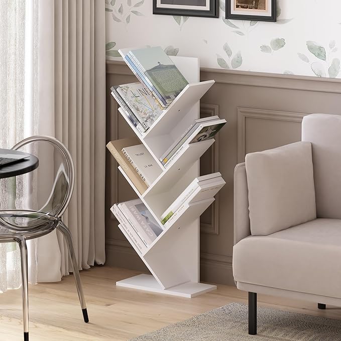 Furinno Tree Bookshelf 7-Tier Floor Standing Tree Bookcase, White-NeatNest